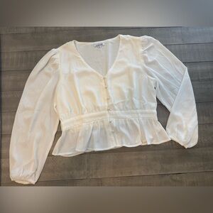 White V-Neck Peplum Blouse with Buttons